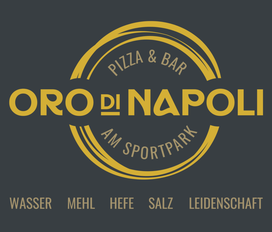 Logo von Oro di Napoli, Pizzabar am Sportpark mit Zutaten für Pizza: Wasser, Mehl, Hefe, Salz.